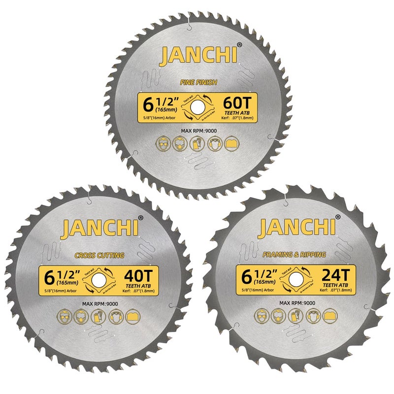 Jianchi 3Pack Combo 6-1/2 Inch 24T&40T&60T Woodworking Saw Blades with 5/8" Arbor, 0.06" Thin Kerf Alternating Top Bevel Tungsten Carbide Teeth Circular Saw Table Saw Blade, Ideal for Various Woods Cutting - Image 1